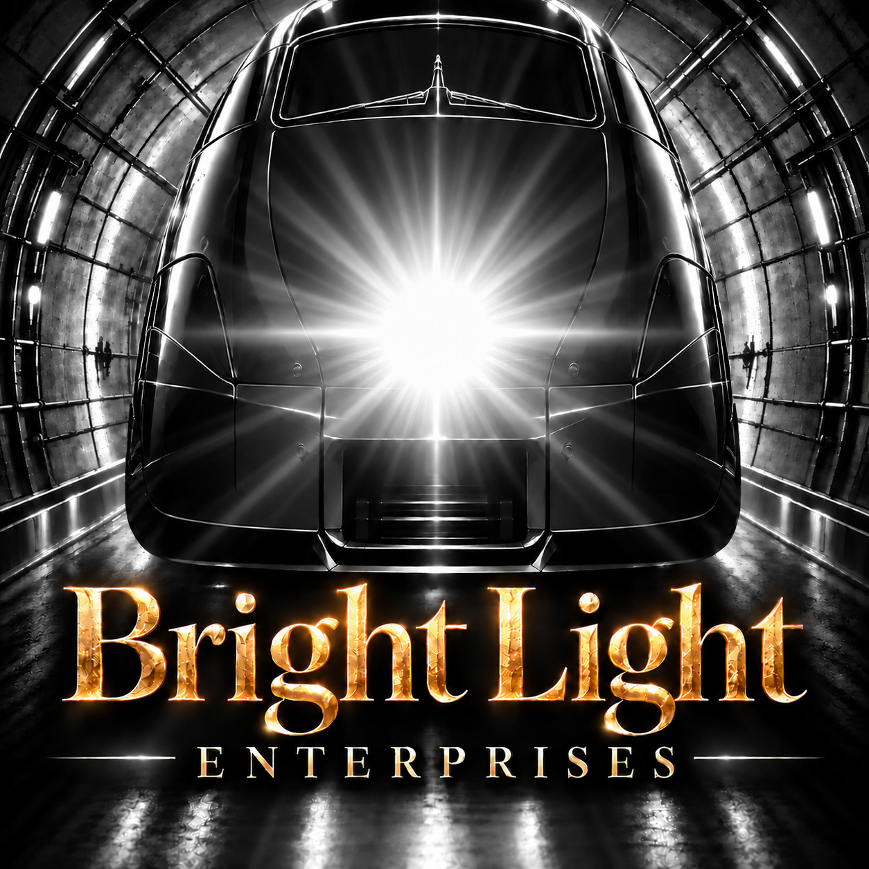 Bright Light Enterprises gold lettering beneath a black-and-white train and brilliant headlight