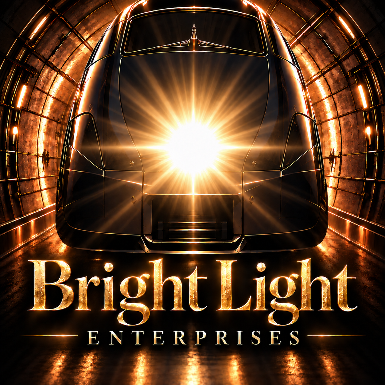Bright Light Enterprises gold-foil logo with a train and brilliant headlight